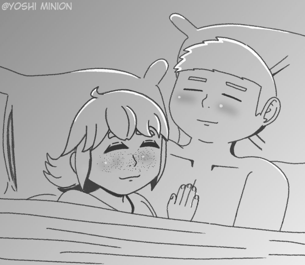 Monochrome art of Ota Matsushita and myself in bed together. He has a hand and his head on my chest as we rest.