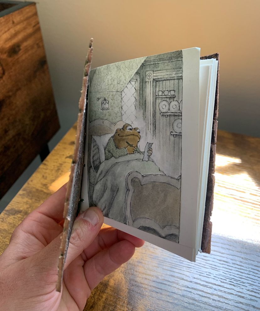 A birchbark book with green embroidery thread sitting on a desk in the sun. The book is open to an illustration from FROG AND TOAD about writing in bed 