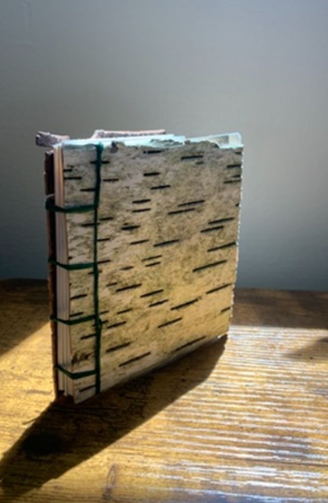 A birchbark book with green embroidery thread sitting on a desk in the sun