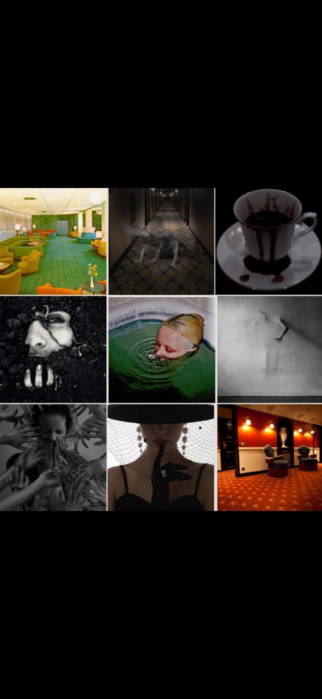 Brightly colored hotel lobby, ghost crawling in empty hallway, teacup and saucer filled with blood, face and fingers coming out of soil, blonde woman sinking into bathtub, arm coming out of white wall, a woman with a lot of hands surrounding her, a woman in black holding her finger to her lips, a dark red hotel lobby 