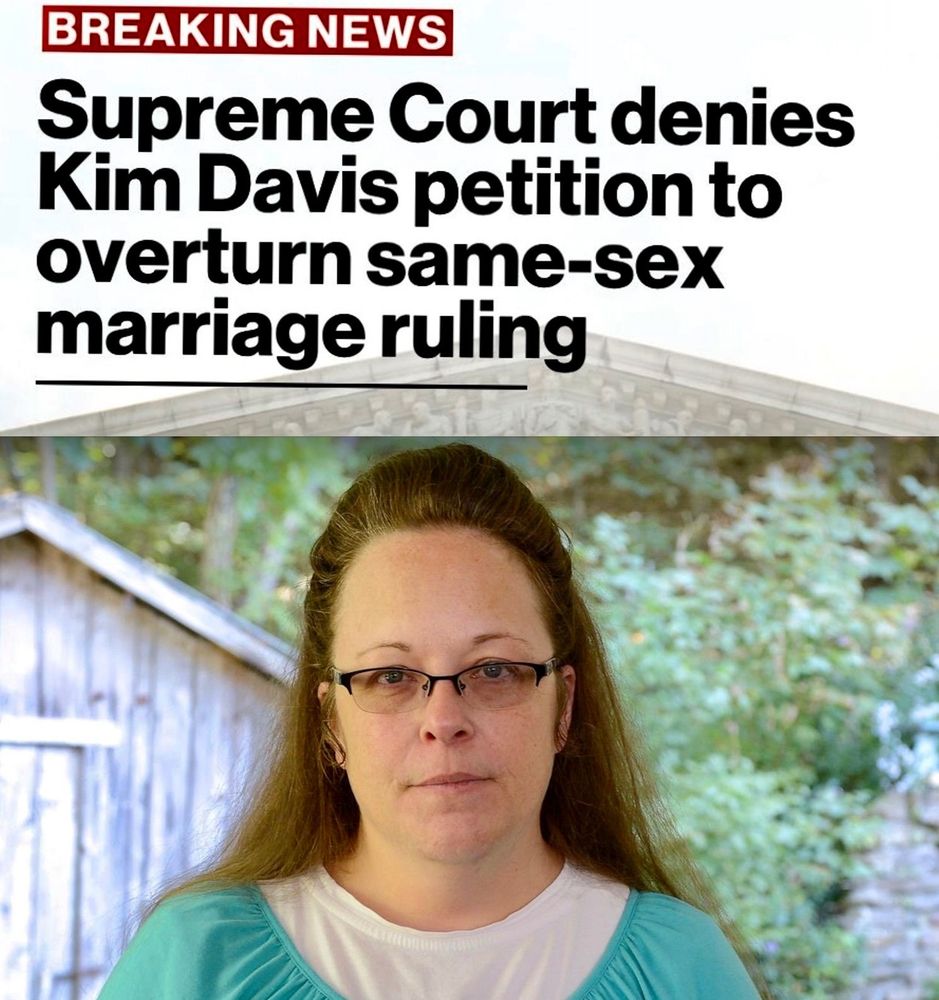 Kim Davis staring blankly at the camera after the Supreme Court denied her request to overturn gay marriage