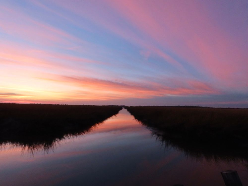 Smooth ribbons of pink and orange clouds in a blue sky at sunset. They’re reflected in calm water below. 