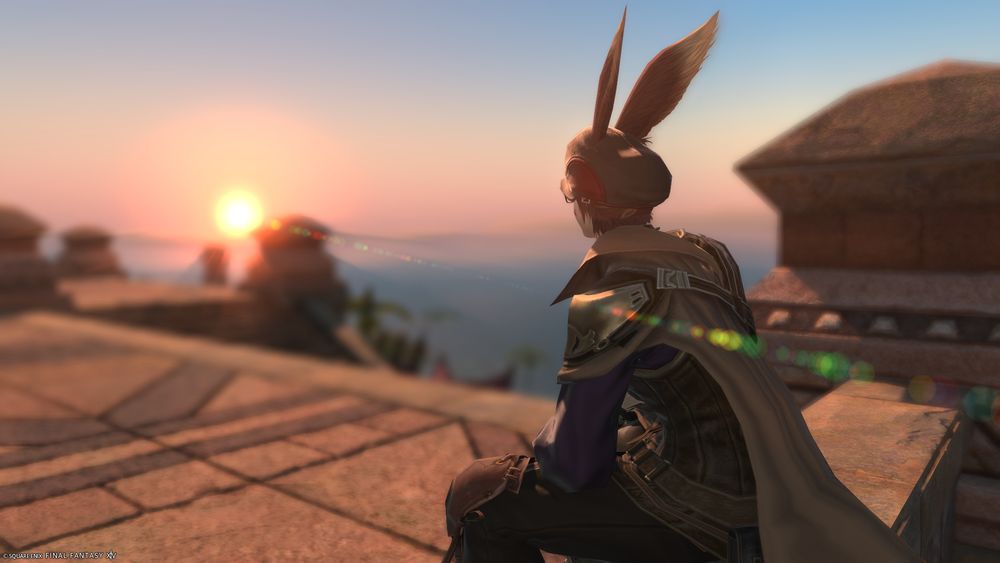 A over the shoulder shot of a sunrise with An'fuaim sitting on a ledge.