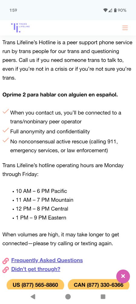 Screenshot of the trans lifeline webpage with information regarding the hotline service