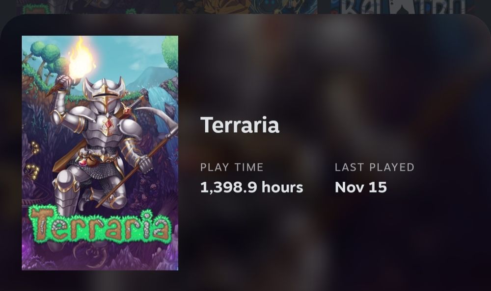 A listing for Terraria showing that I've played almost 1400 hours of it