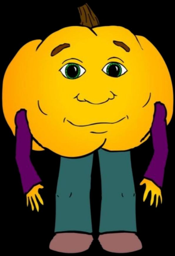 A pumpkin with two purple sleaves, green pants, brown shoes, and a human face