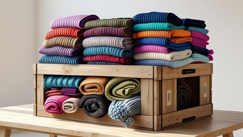 A wooden crate filled with neatly folded colorful handwoven mufflers and scarves, symbolizing small-batch, eco-friendly clothing ready for global export.