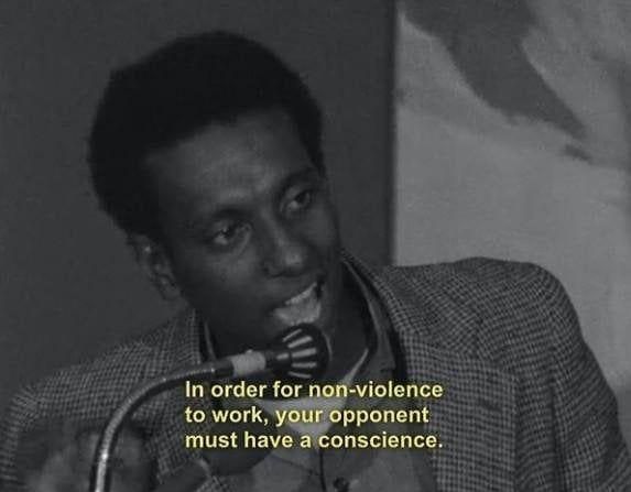 An image showing and quoting Stokely Carmichael as saying "In order for non-violence to work, your opponent must have a conscience."
