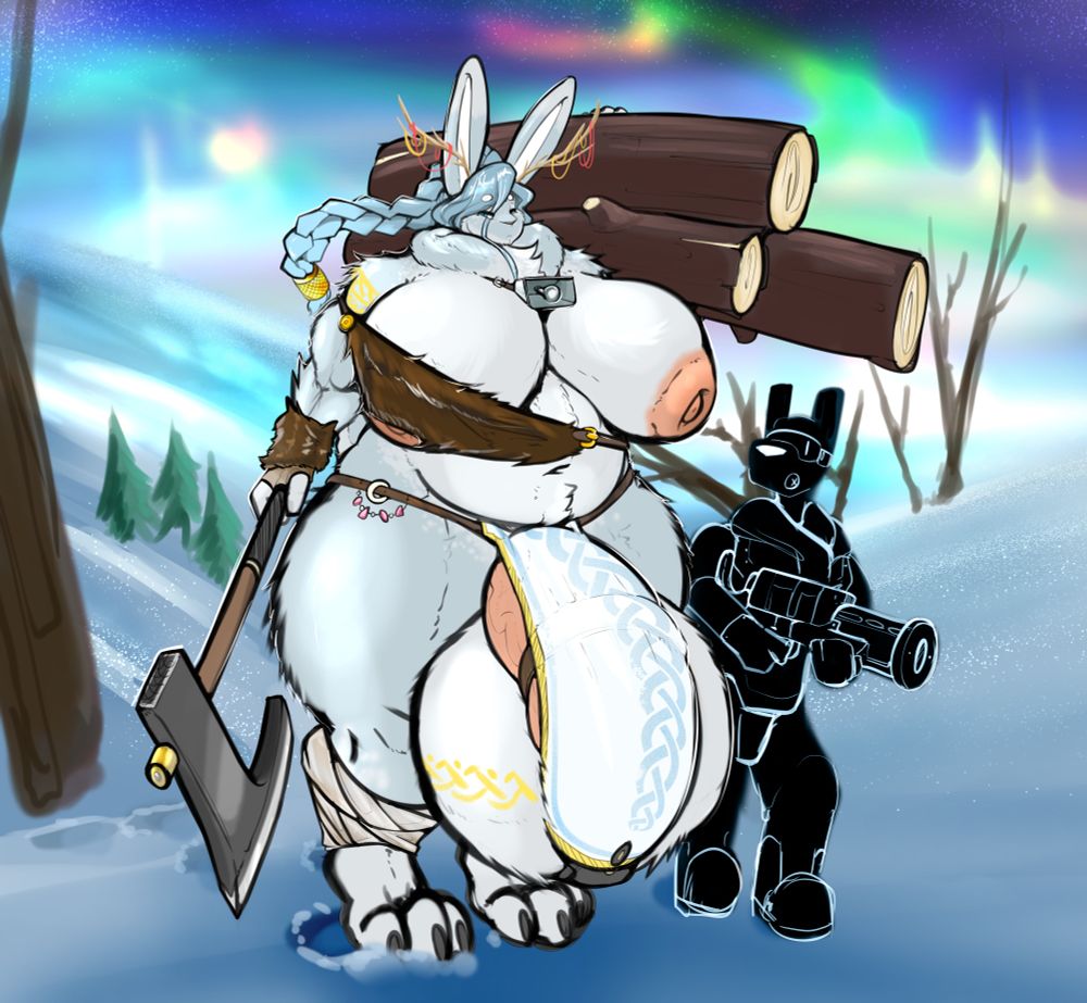 An anthro rabbit walks through a snow plain carrying logs. he is mostly naked. An anthro for scale; an explorer, follows in his wake.