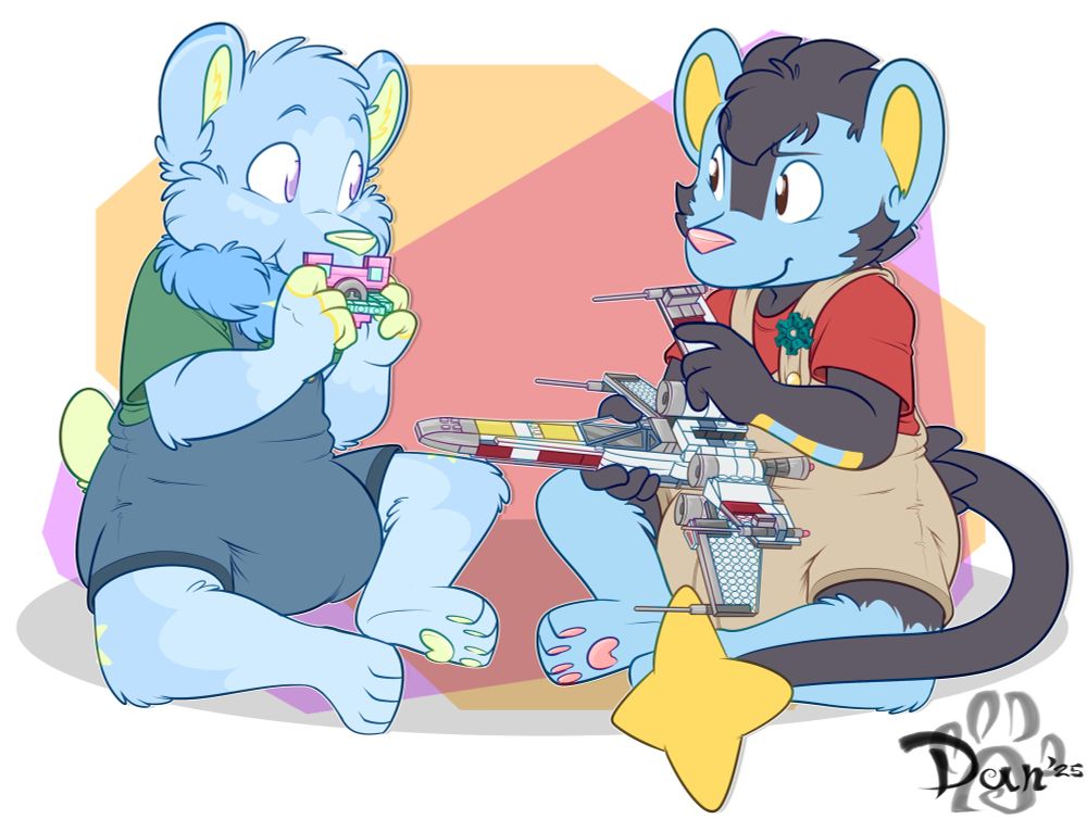 Lancelot (left) sucking on a custom made pacifier Lego to sate their oral fixation, while Jordan (right) shows Lancelot the finishing piece of his X-Wing set.