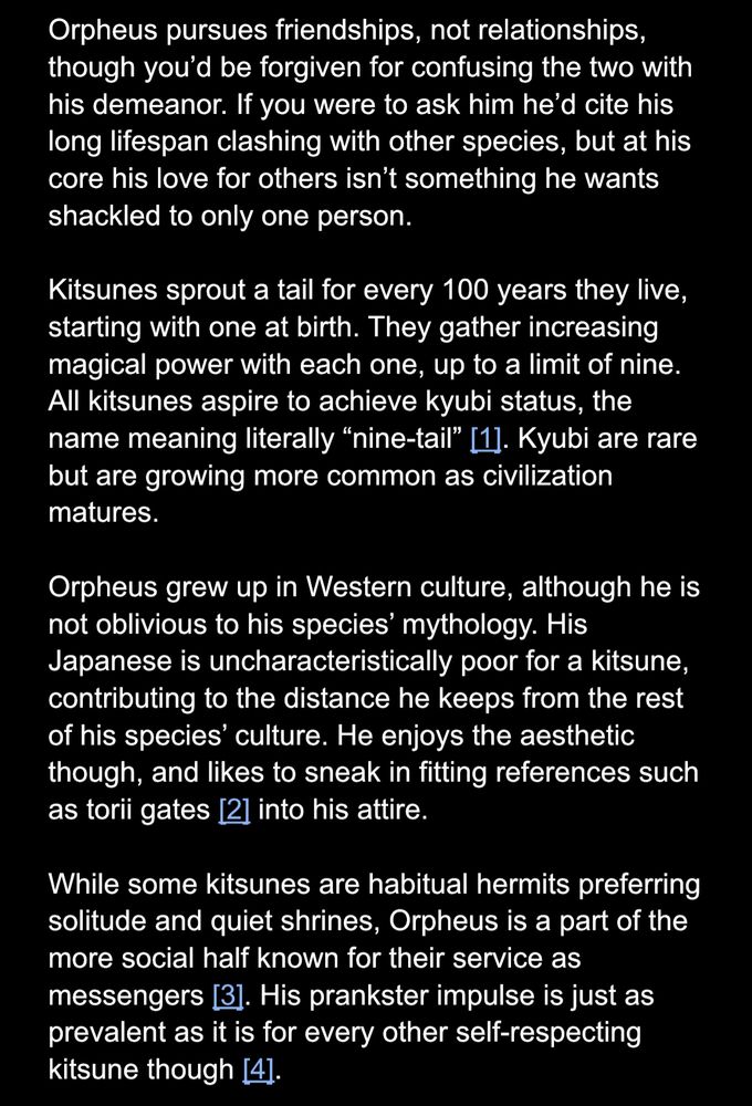 Jordan Shinespark: Oh yeah I should share Orpheus the kitsune's lore here  too! (diapers) Part 1: Overview — Bluesky