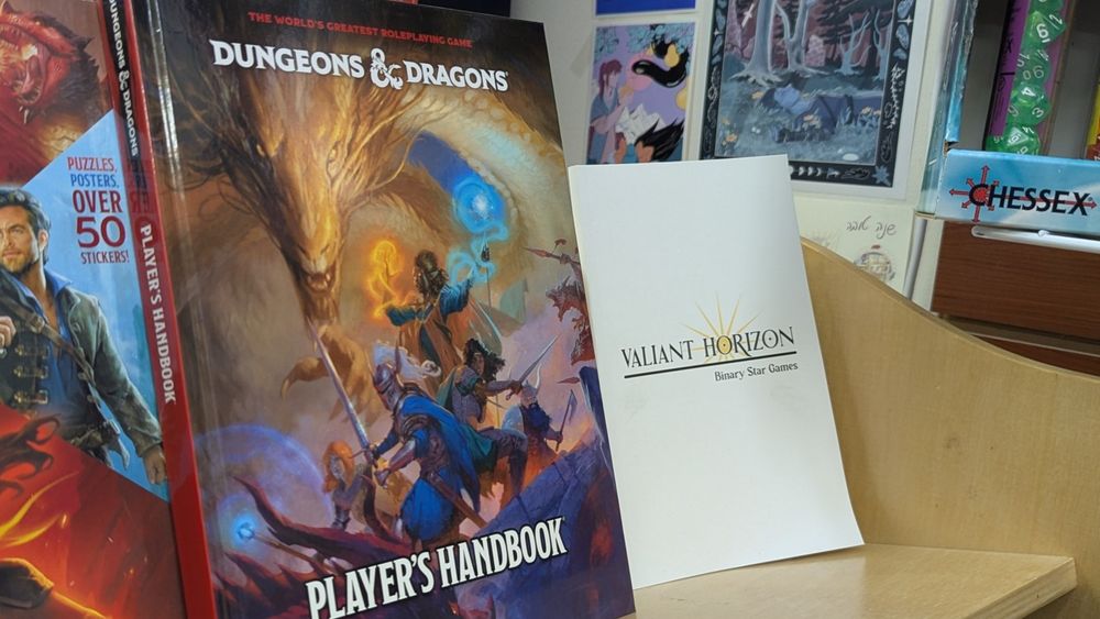 Valiant Horizon by Binary Star Games, next to the D&D 5e Players Handbook, at Fantom Comics, Washington DC