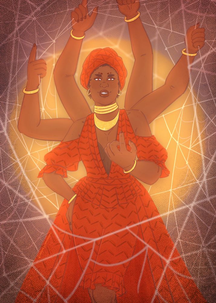 A woman with multiple arms invites you into her web. 