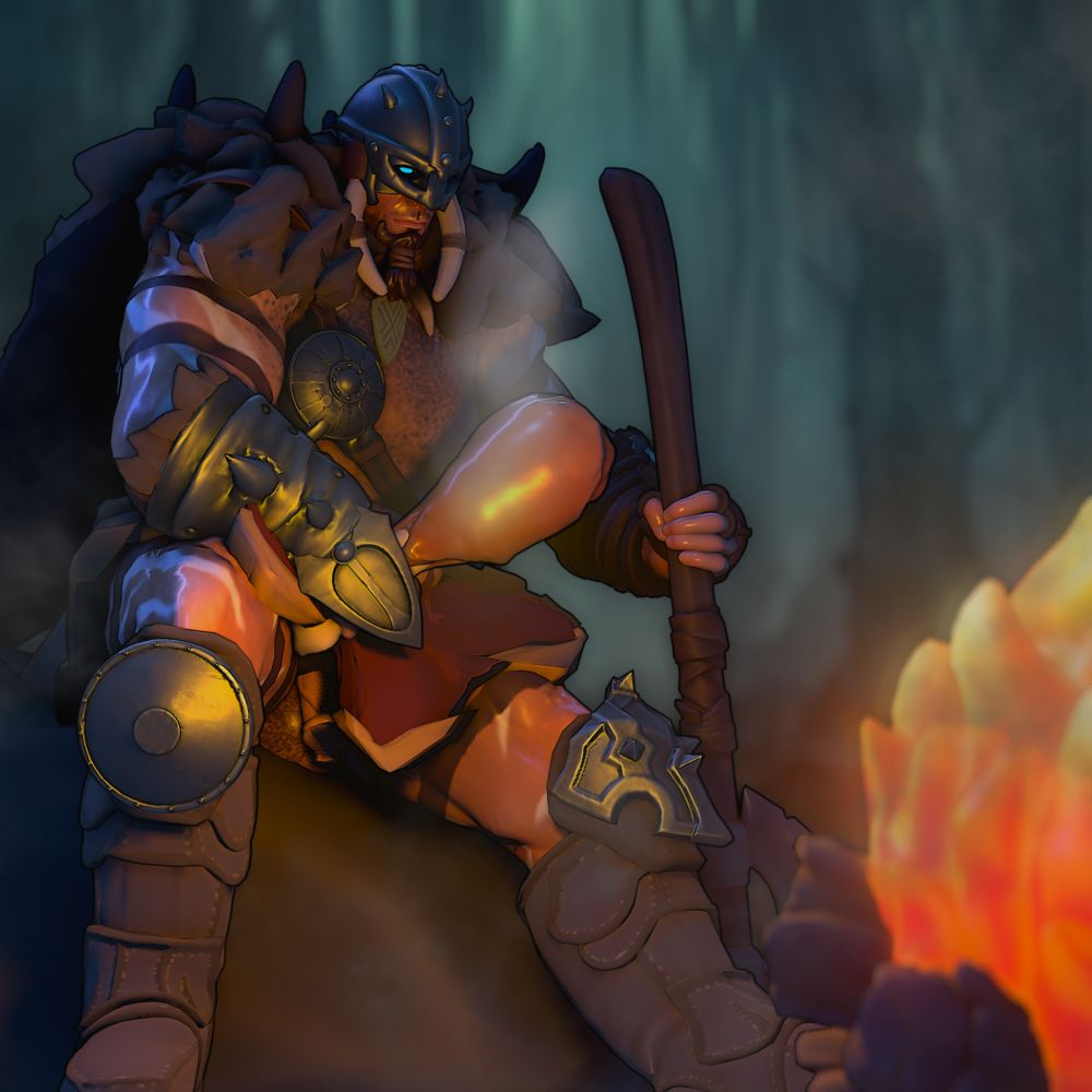 A 3D scene of Garruk Wildspeaker sitting on a rock next to a campfire, eating some meat. Though he is clothed, he is not wearing any underwear, so his cock and balls are visible, peeping from below his skirt