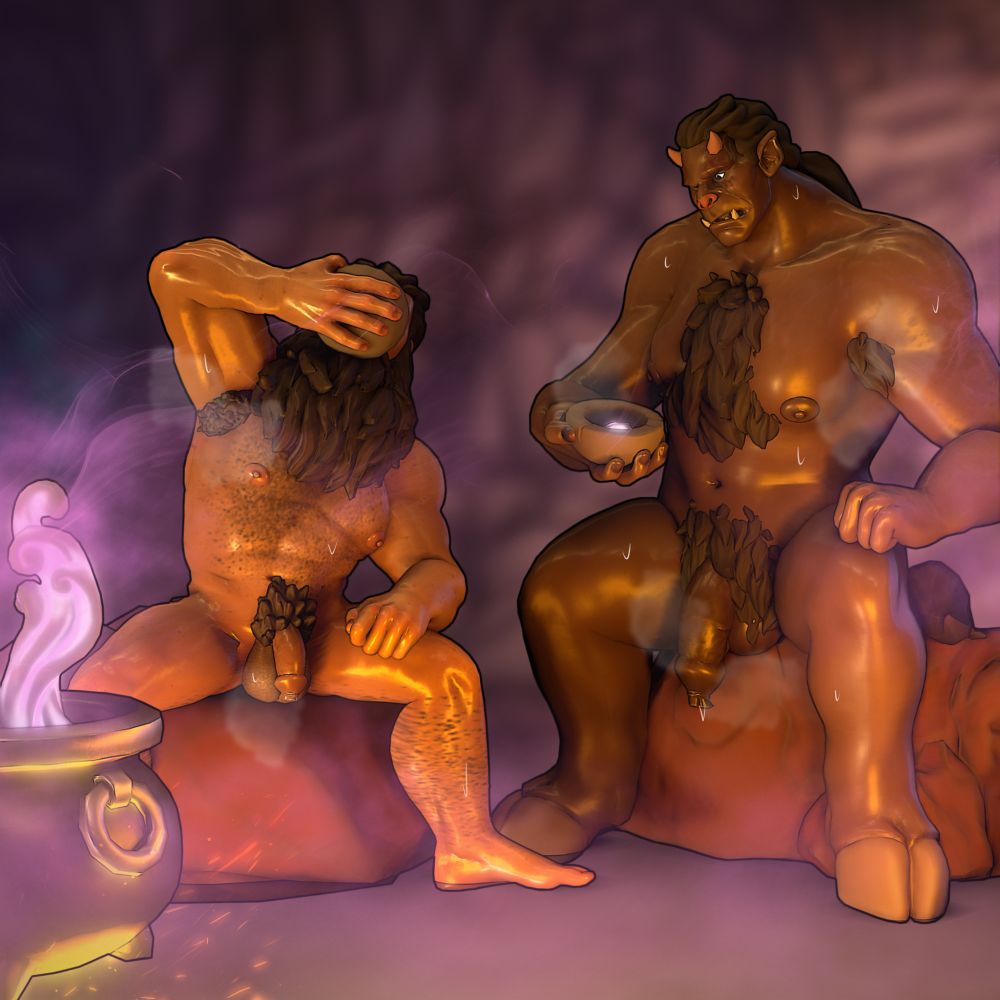 Zon and Senshi sitting nude in a cave. Senshi has served and is brewing some pinkish substance, while Zon is looking at the bowl undecided