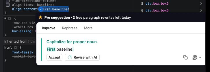 a screenshot of making an edit to a web page's CSS in Firefox Developer tools with Grammarly popping up to suggest that I capitalize a CSS property value as if I'm writing an email.