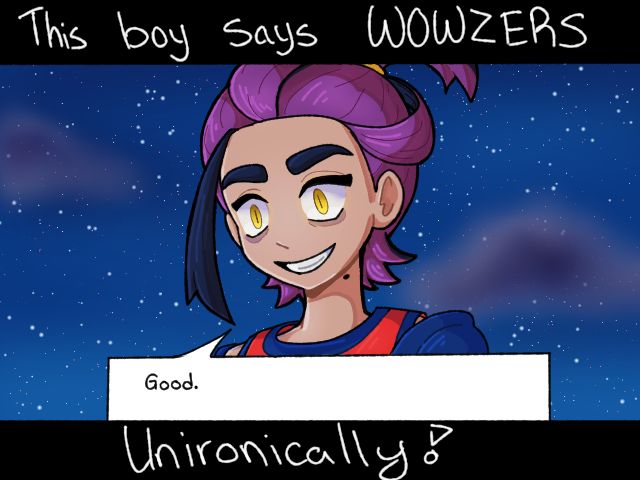 Kieran from pokemon Scarlet and Violet looking down and evil saying Good. There is also some words telling the people that this evil looking boy says wozers unironically