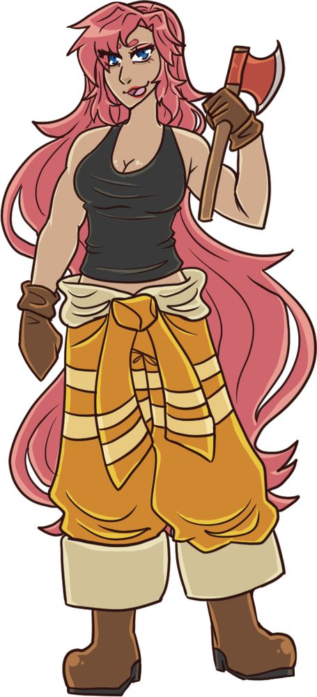 Hanah- old Oc, shes a fire fighter with long long prink hair and deep blue eyes, shes older and fairly buff.