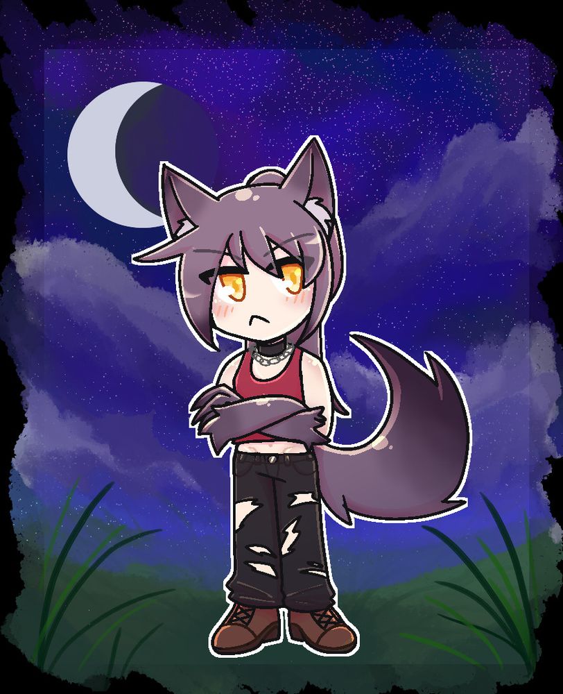 Chibi Sterling with a storybook kinda looking background with a crescent moon