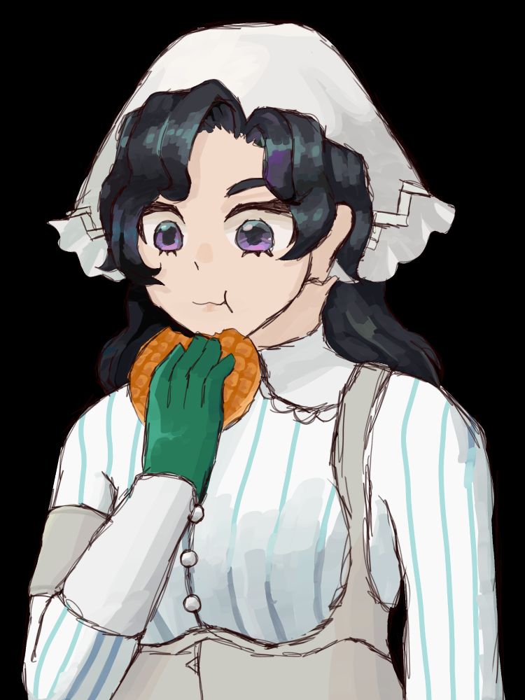 A drawing of Anjo Nala from Reverse 1999 eating a round waffle, intended to be a Dutch cookie called a stroopwafel