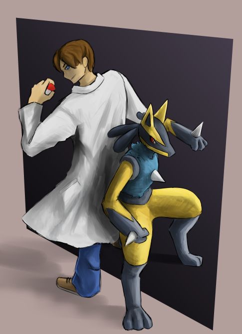A Caucasian man with brown hair is standing away from the camera wearing a Lab Coat and Jeans, also holding a Pokeball. While his partner Pokémon, a Shiny Lucario stands at his back in a battle pose.