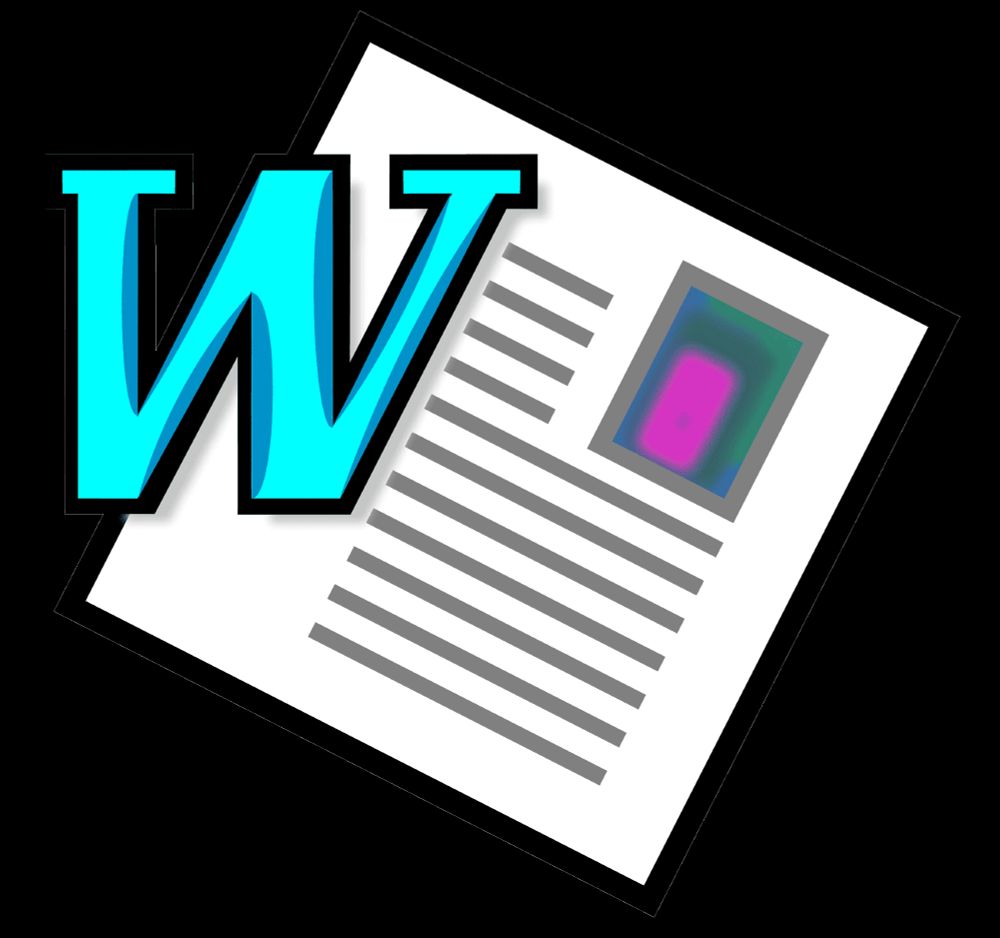 A white square with a black outline, tilted on a diagonal, with gray lines suggesting text and an embedded image of a pink rectangle on a dark green background.  A big aqua serif W is superimposed on the left edge of the square.