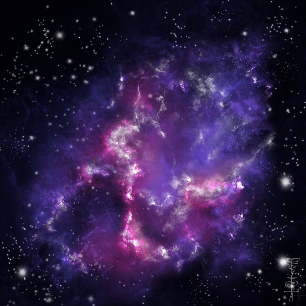 Pink, purple and white nebula on a black star field. 