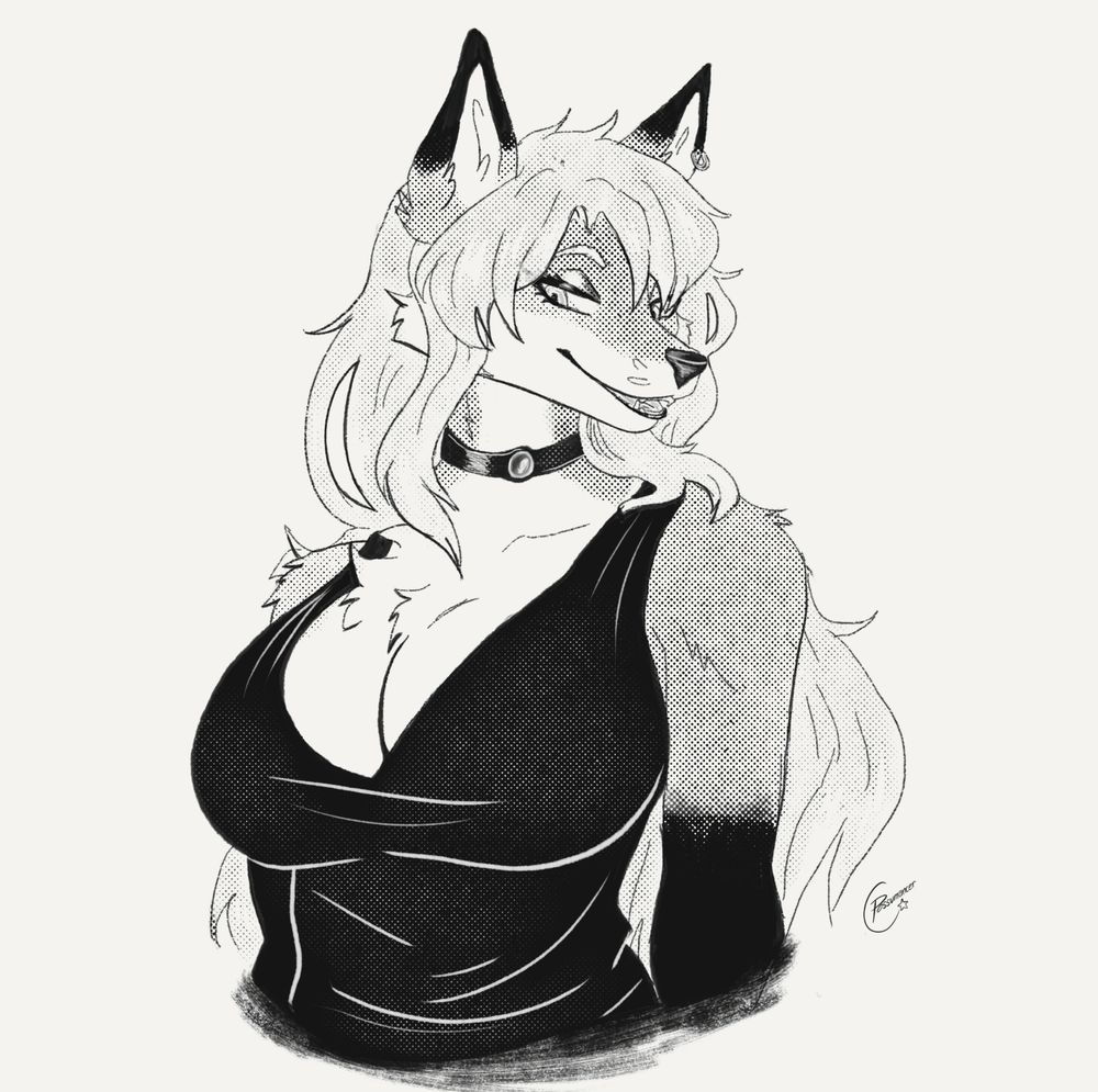 Black and white illustration of an anthro vixen in a tanktop, wearing a choker. She's glancing over one shoulder and giving the viewer a sassy / enticing look.