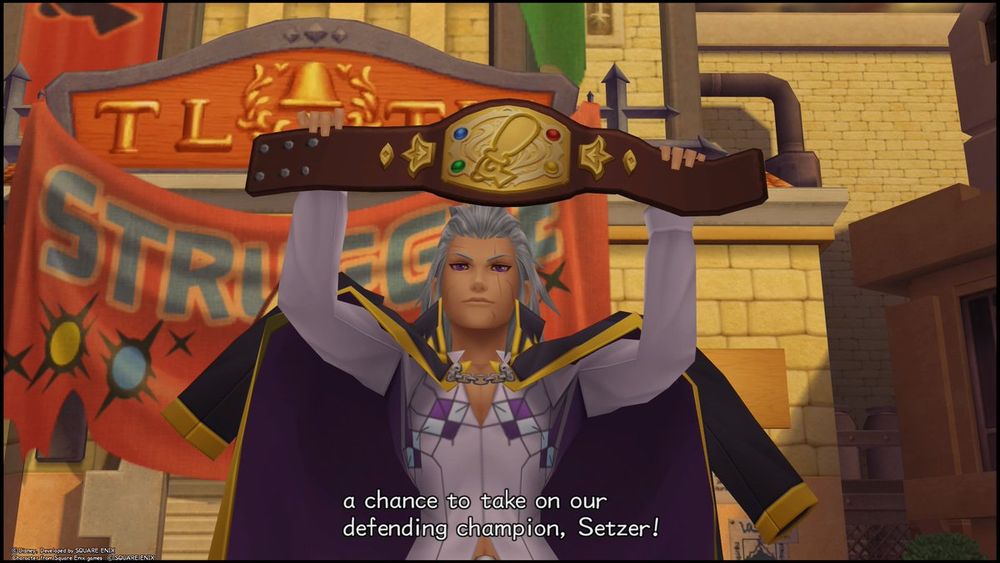 Screenshot from KH2: Setzer wears a purple robe over his shoulders and a purple button up underneath. Setzer is holding a wrestling-league belt for the in-world sport of “struggle”. Subtitles read: “a chance to take on our defending champion, Setzer!”