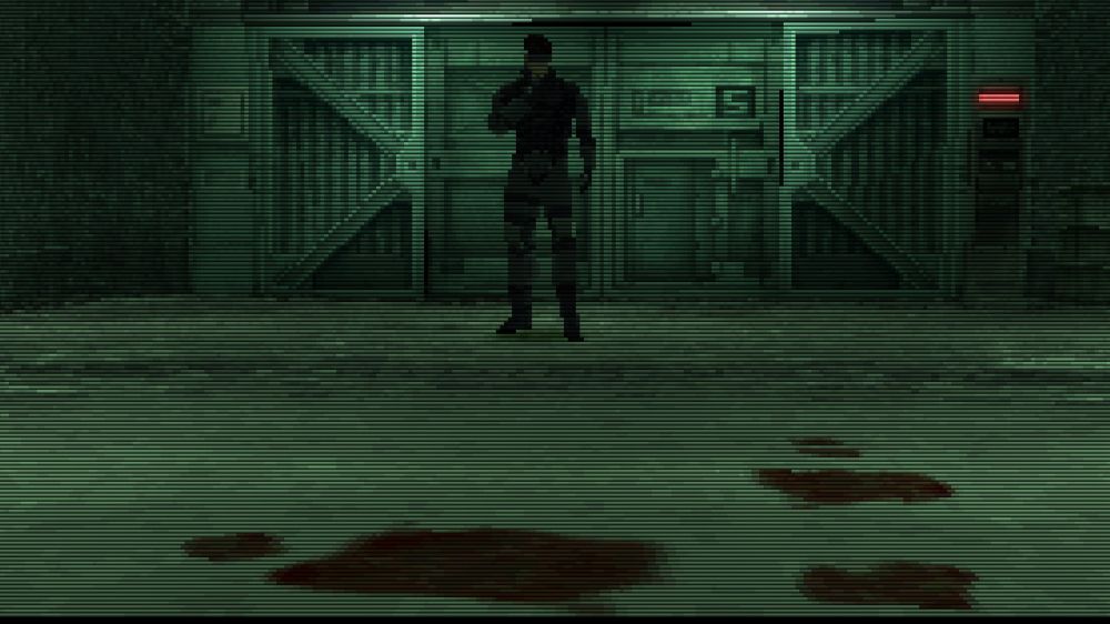 Solid Snake stands in front of a level 5 door in a green lit area. Three large stains of blood are in front of him, closer to the camera, with three smaller splatters.

Metal Gear Solid (1998) from METAL GEAR SOLID MASTER COLLECTION VOL 1. (2023)