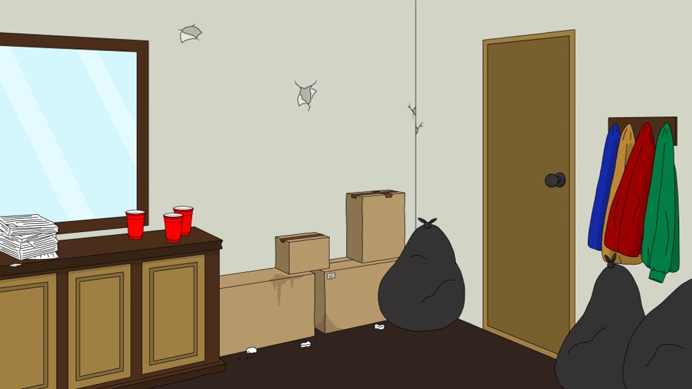 Illustration of a doorway, very cluttered. Brown floor, off white walls with some cracks, light brown door, and a brown table with a mirror on the wall
