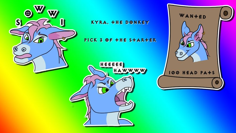 Three stickers of my fursona, a pink and blue donkey. The first one has the text "Sowwi" with my sona looking sad. The second one has him shouting "Heeee Hawwww". The third one is a wanted poster, with a reward of 100 head pats.
