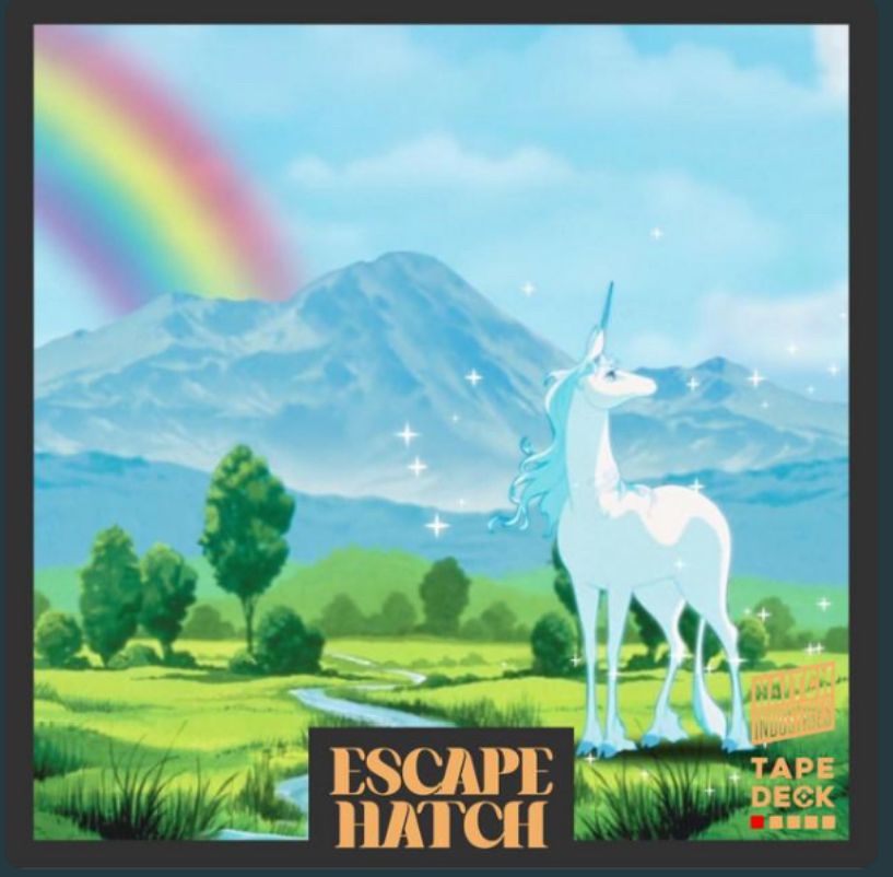 A still from the 1982 animated movie The Last Unicorn. A unicorn stands in meadow, with a brook running alongside her, trees, mountains and a rainbow behind her. 