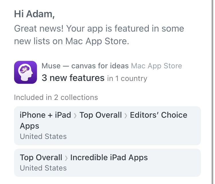 screenshot of app store listings notification showing Muse in the iPhone and iPad - Top Overall - Editors' Choice Apps list, and the Top Overall - Incredible iPad Apps lists