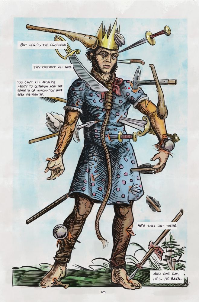 A portrait of goofy, crown wearing Ned Ludd, covered in weaponry used upon him in a 1700s art style. 