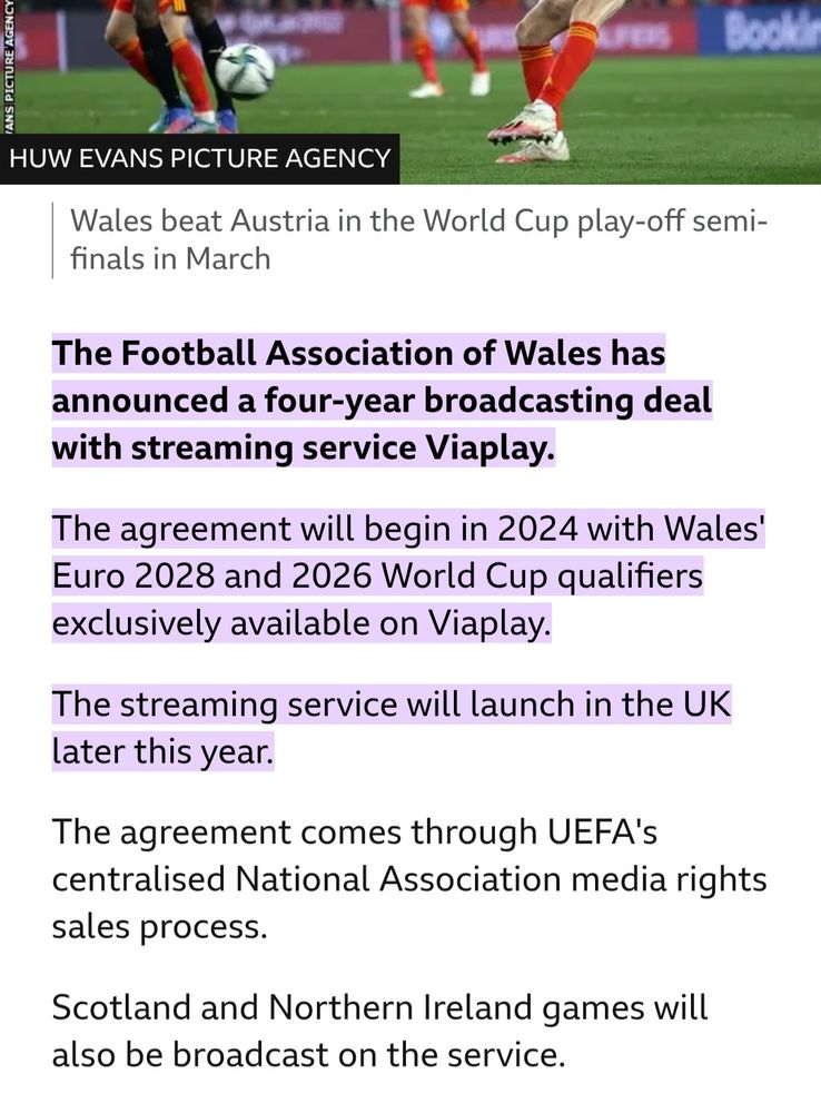 News story on Wales, Scotland and Northern Ireland matches moving to short-lived streamer Viaplay.
