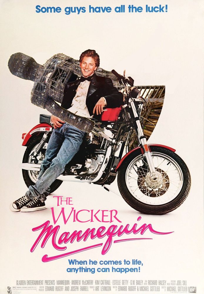 Film poster for "The Wicker Mannequin", featuring a grinning Andrew McCarthy leaning on a motorbike, being cradled by The Wicker Man. 