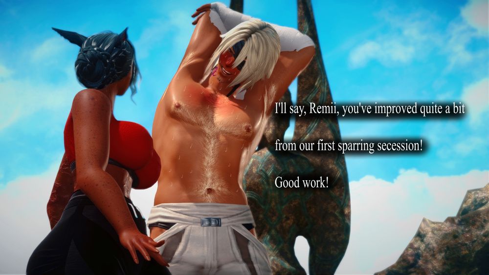 After their spar: 
Thancred: I'll say, Remii, you've improved quite a bit from our first sparring secession! Good work! 
Thancred looks down at Remii, his face and chest are still flushed from the spar. Sweat drips down his slicked skin. 