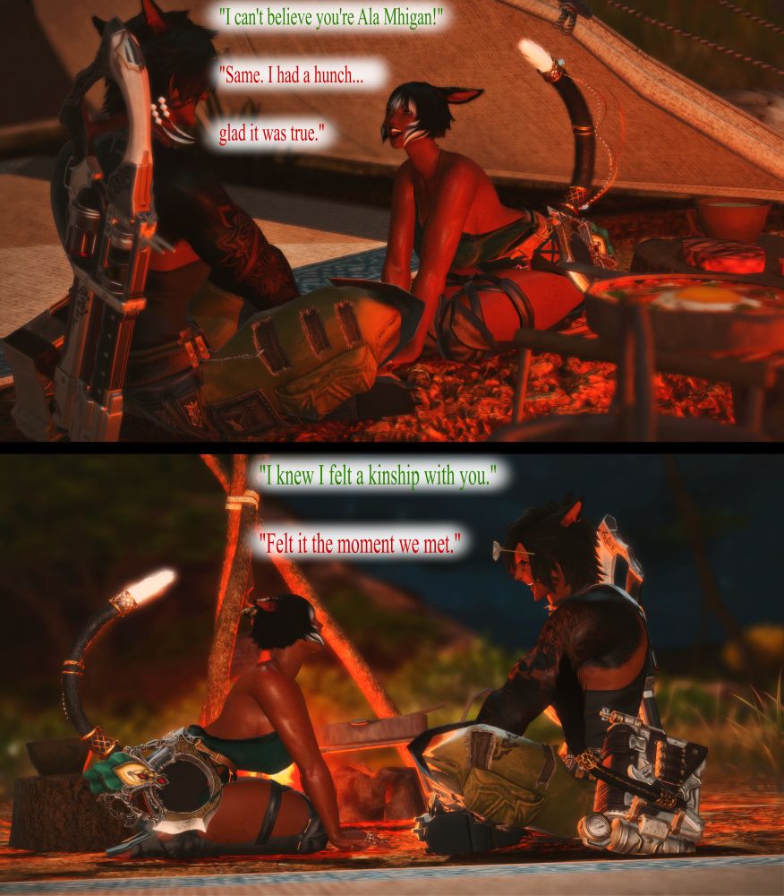 Panel 1:
(Quotations=Ala Mhigan language) 
Remii: "I can't believe you're Ala Mhigan!"
Al: "Same. I had a hunch... glad it was true." 

Panel 2: 
Remii: I knew I felt a kinship with you." 
Al: "Felt it the moment we met." 