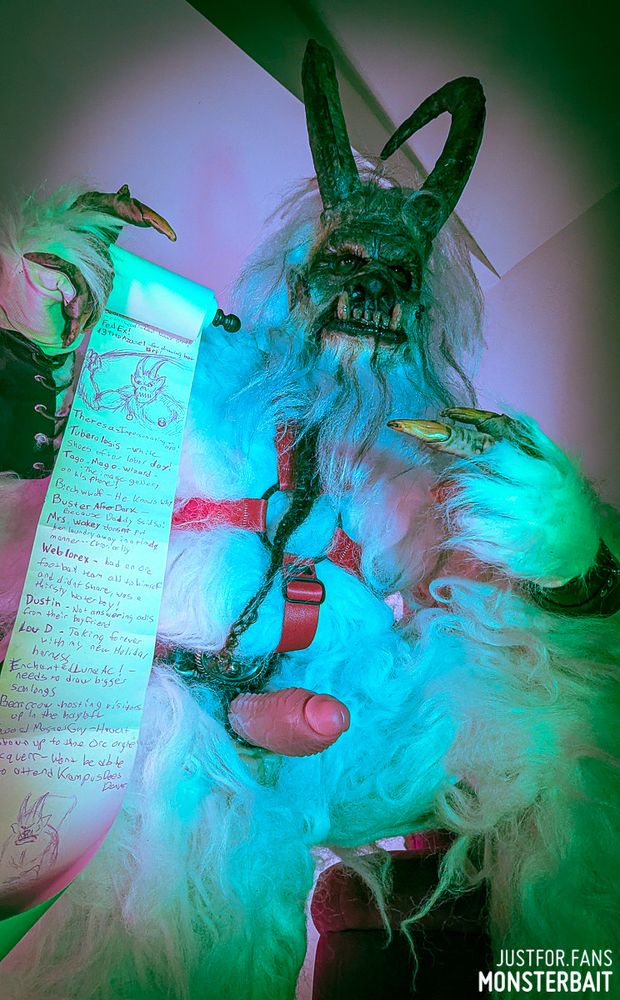 Krampus stands with thick pelts of white matted fur leaning over the camera while holding an old paper scroll with red ink listing the names of all who've been naughty over the years. He holds it up and points at it with clawed hands covered in white fur. His demonic tusked face covered in hair and horns. A red harness straps his unkempt fur down so you can see some muscle behind all that hair. One red strap goes down and connects to a ring that is around his thick erect monster dick. One with ridges and scaled balls. Rampant with lust. 