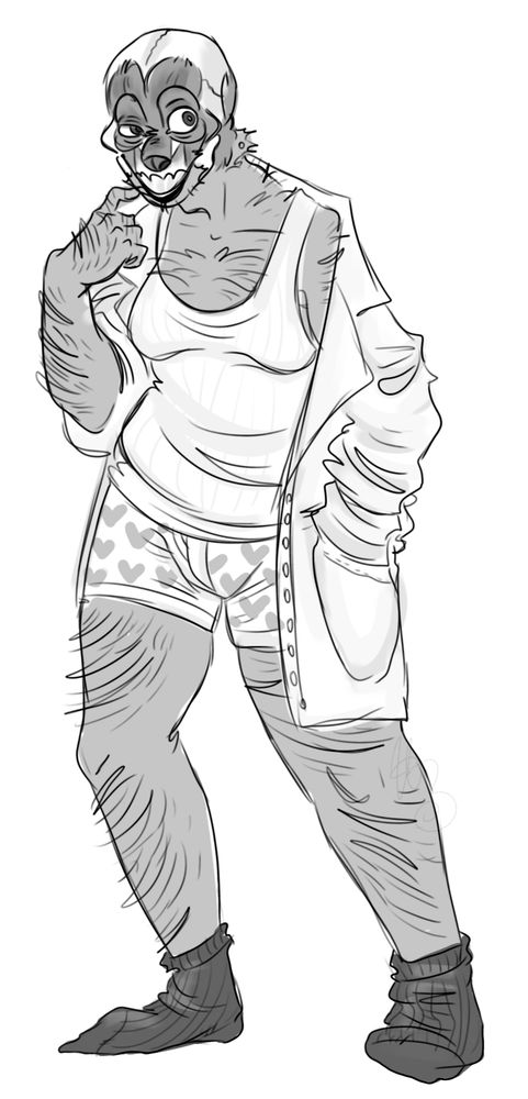 A digital illustration of a man, who is missing the skin of his face, standing idly against a white background. He is not wearing much besides his undergarments, a tanktop, and a labcoat that is falling off his shoulders. 