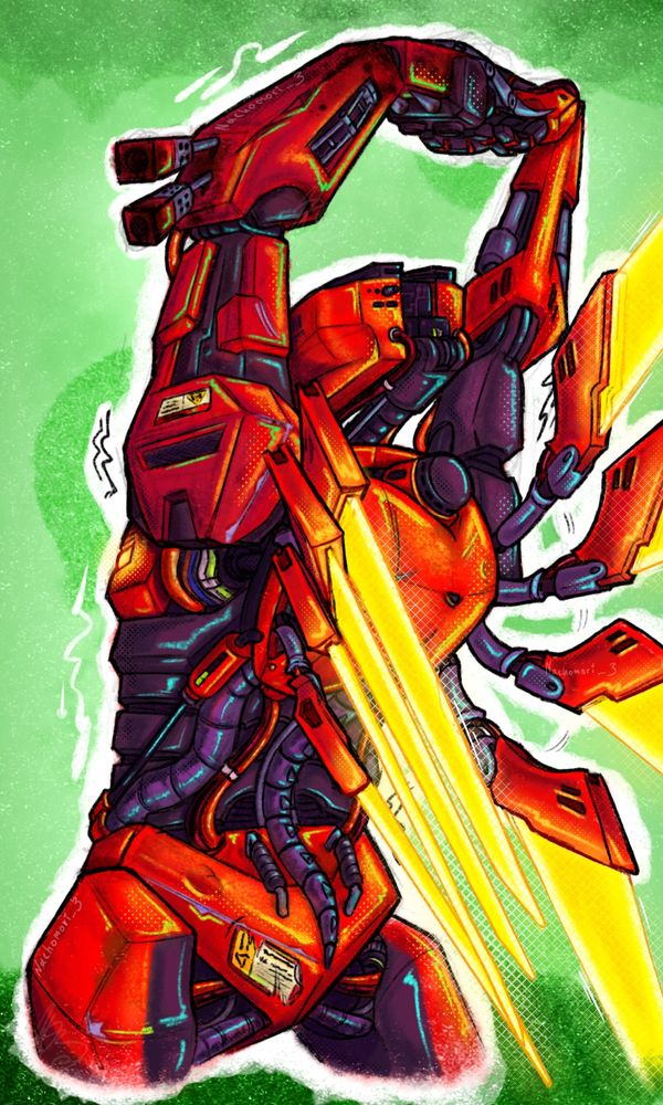 A colorful digital illustration of V2 from ULTRAKILL. It stands with it's back facing the camera, stretching it's arms into the air and flexing it's wings. 