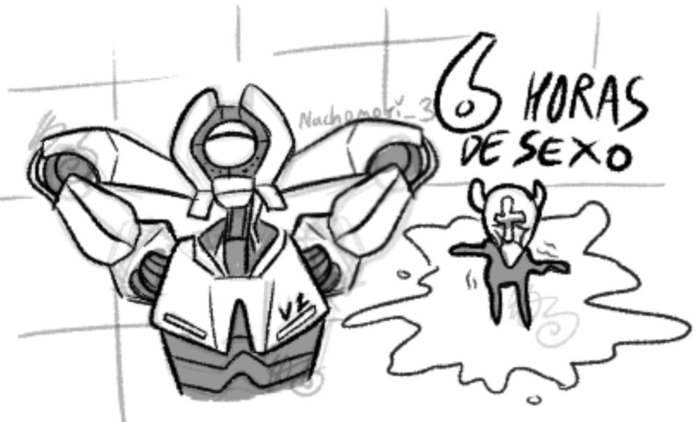 A black and white illustration of V1 and Gabriel from ULTRAKILL. V1, on the left, is lounging with it's arms behind it's head. Gabriel, on the right, is withered down to a head and a few scribbles and lies in a puddle of blood. Text to the top right reads: 6 HORAS DE SEXO