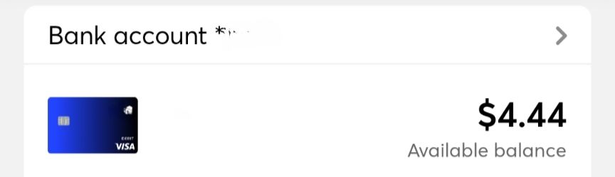 Alt Text: A screenshot showing a bank account balance of $4.44 with a Visa debit card icon.