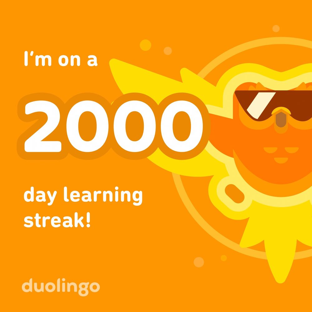 Duolingo celebration card for achieving a 2000 day streak