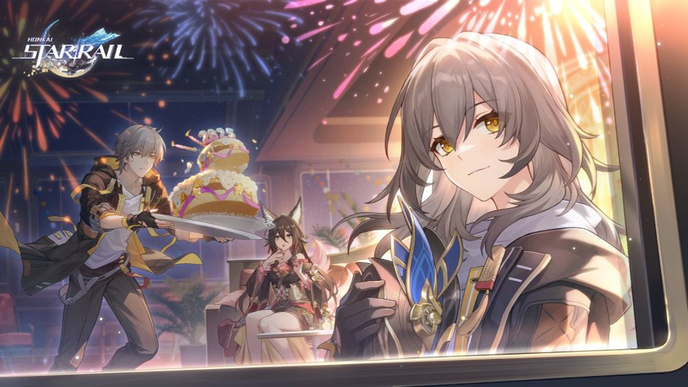 Fireworks splendorous, cake delicious, as it counts down to midnight.
The bell tolls, and blessings arrive, upon you and your comrades.

In past days, we traveled the stars, walking the cosmos, surveying the universe here, near, and far...
The silver rail leads toward the future, while the Express will be home forever
With this new year, let's keep going forward! For the Trailblaze!