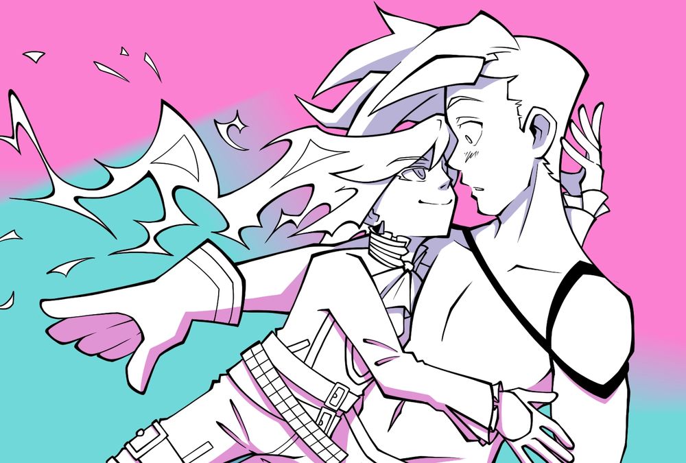 A digital artist piece of Galo and Lio from Promare. Lio is leaning up into Galo's space with a smile on his face. One arm is going around Galo's front, and the other is going behind Galo's head with his fingers brushing against the back of his neck. Lio's hair is trailing behind him, turning into Promare flames with a wild and jagged motion. Galo is leaning slightly back, looking at Lio, bewildered. The two are white with light pink and blue shading. The background is a darker half-pink-half-blue blurred together.