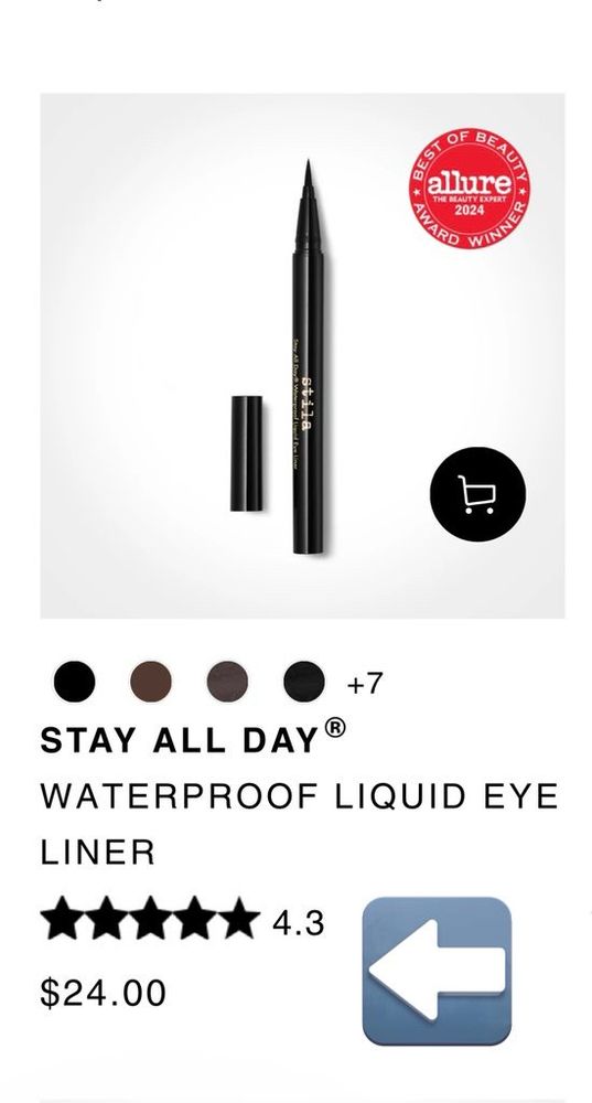A screenshot of the Stila waterproof liquid eye liner in black, price $24. An emoji arrow pointing to the price.

Send on cashapp or Venmo to dahliadnyc