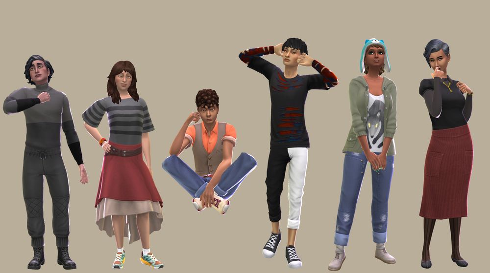 6 people in the sims 4. the first, Karkat, has neck length black hair, with black bulky clothes, and is posing dramatically. the second, aradia, looks young. she has a striped tee and red skirt on. tavros is sitting crosslegged with a vest and jeans, his hair brown and curly. sollux poses dramatically and has a dual color ripped up shirt on and black and white pants. nepeta has a cat hat an da big green jacket. and finaly kanaya has styled black hair, a black blouse and a red skirt.