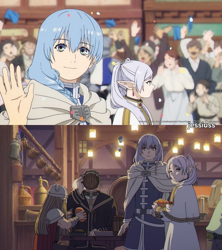 two screenedits of the anime frieren, showing himmel and the gang. himmel is edited to have long hair and more feminine features.